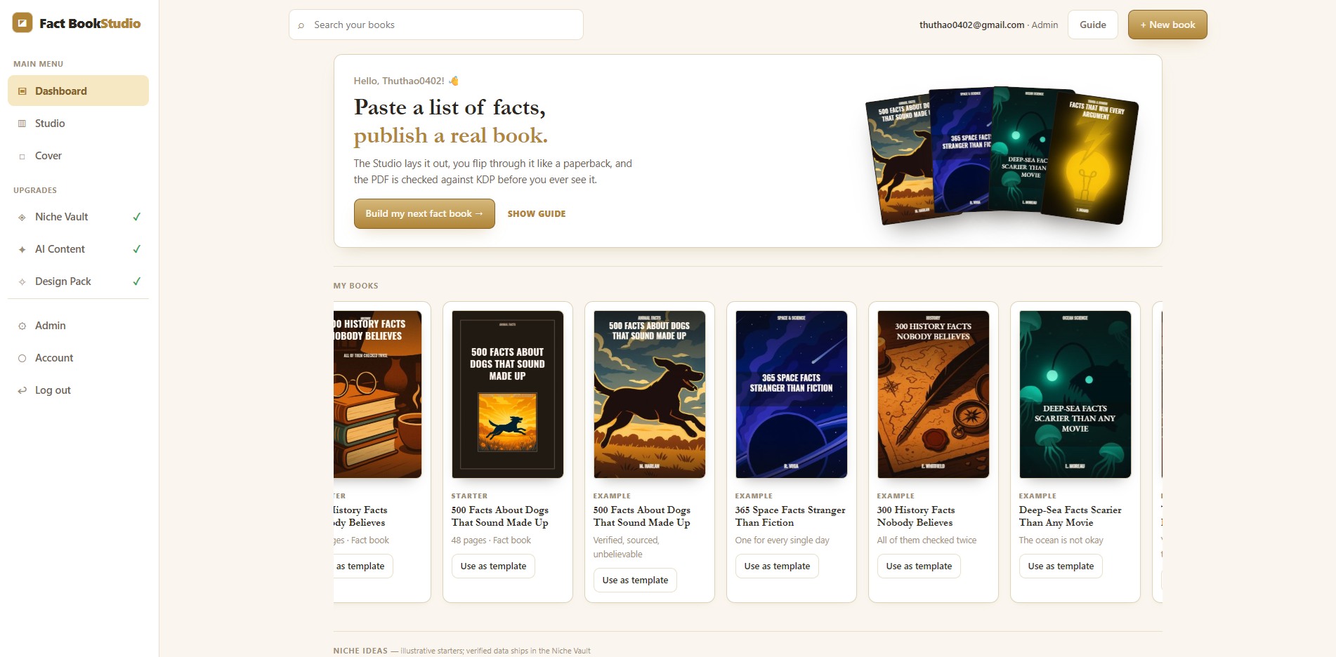 The Fact Book Studio dashboard: a library of finished books with real AI covers, ready to open, clone or build